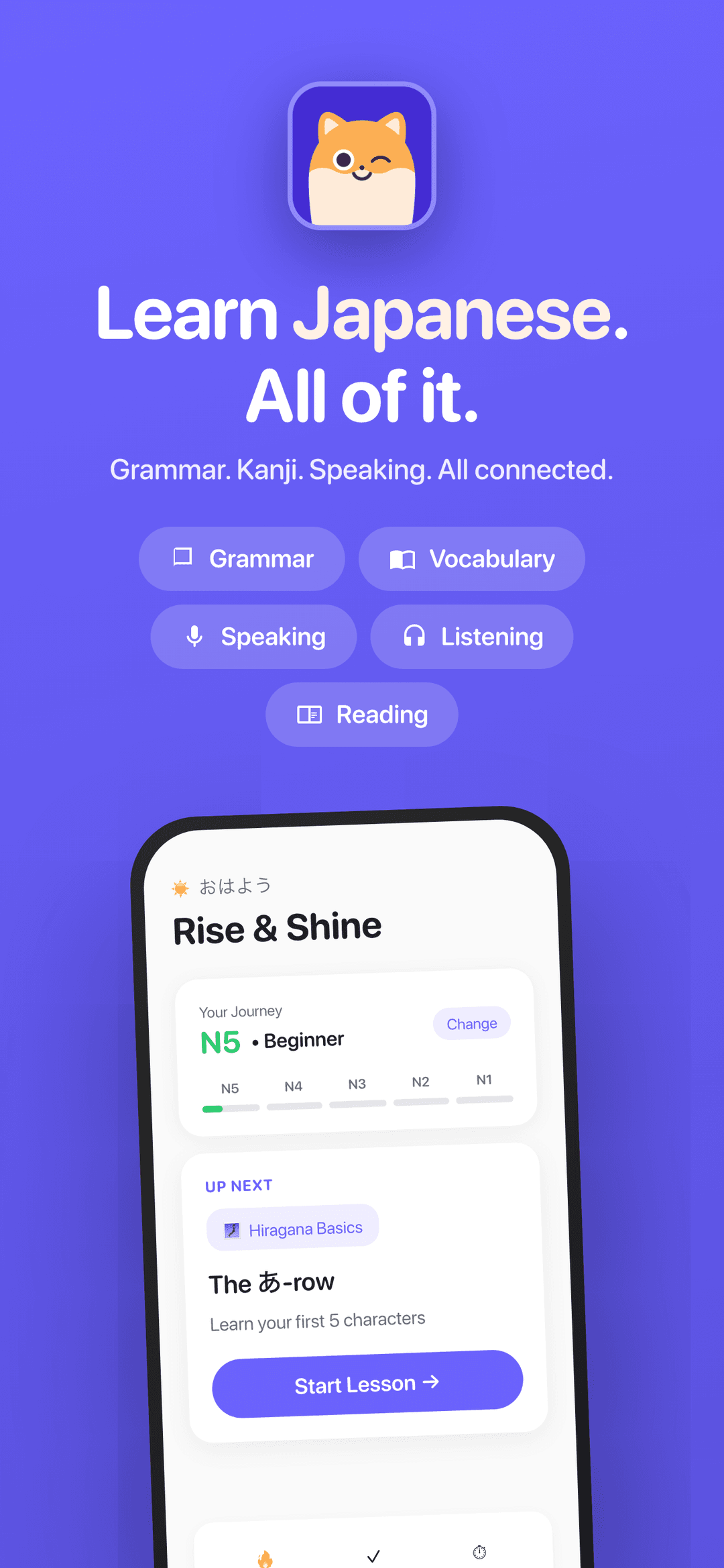 Tela inicial do Mochi mostrando o caminho de aprendizado JLPT